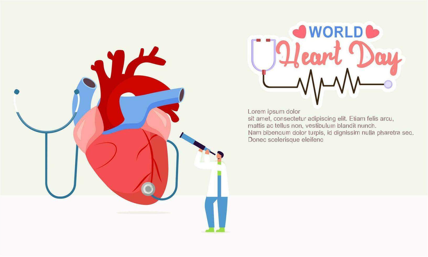 World heart day poster campaign in cartoon character treatment and health care awareness and flat design at 29 September vector