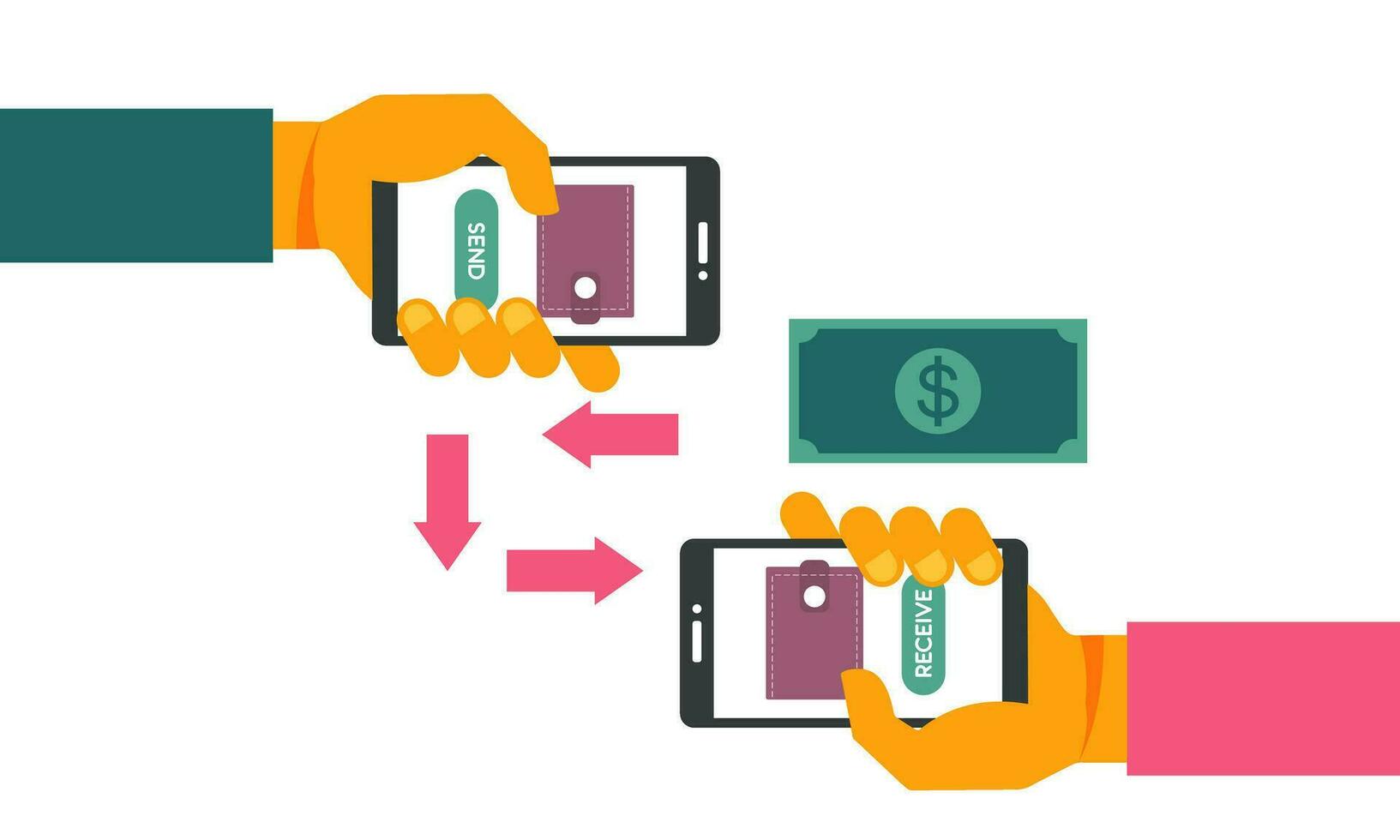 People sending and receiving money wireless with their mobile phones illustration vector