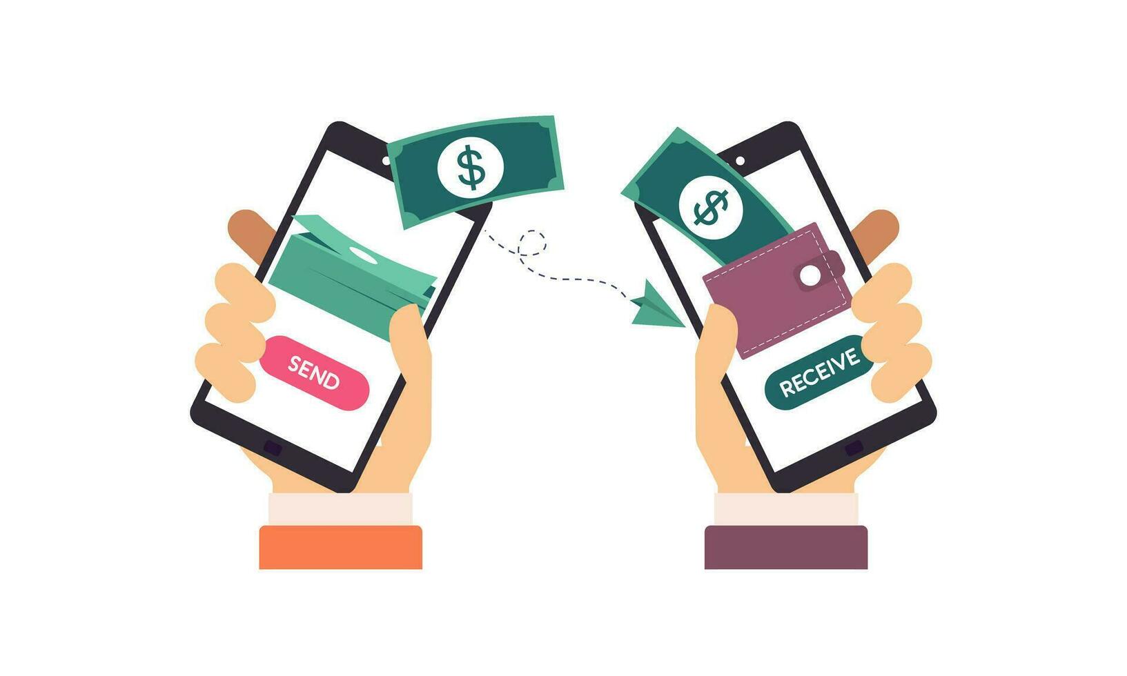 People sending and receiving money wireless with their mobile phones illustration vector