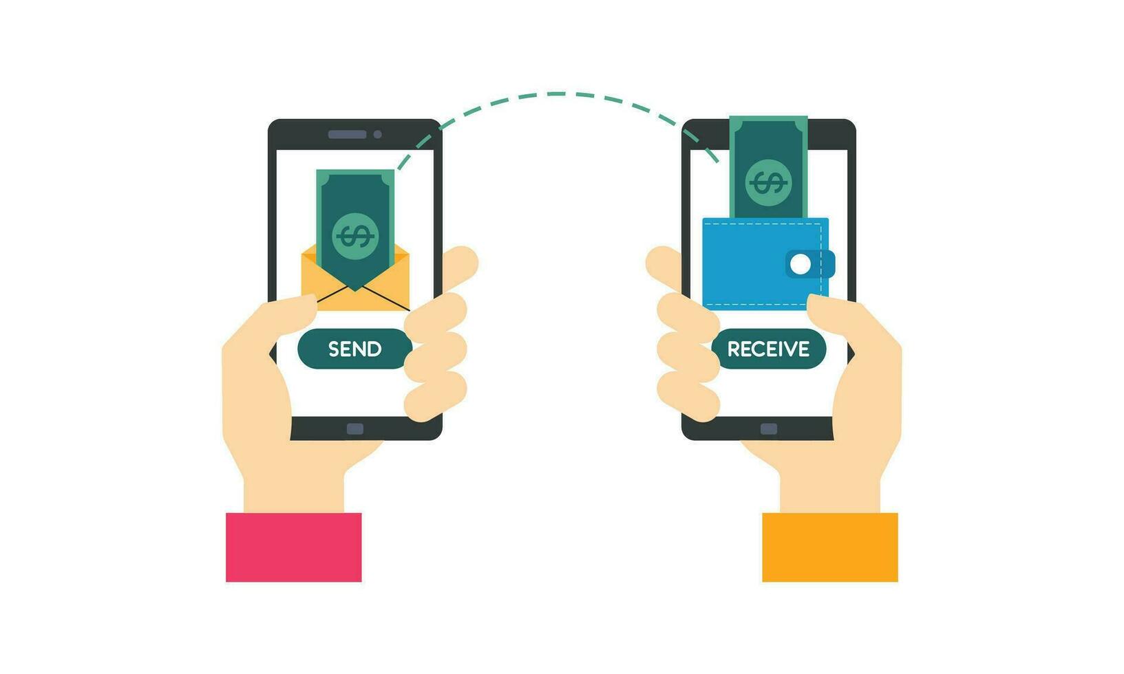 People sending and receiving money wireless with their mobile phones illustration vector
