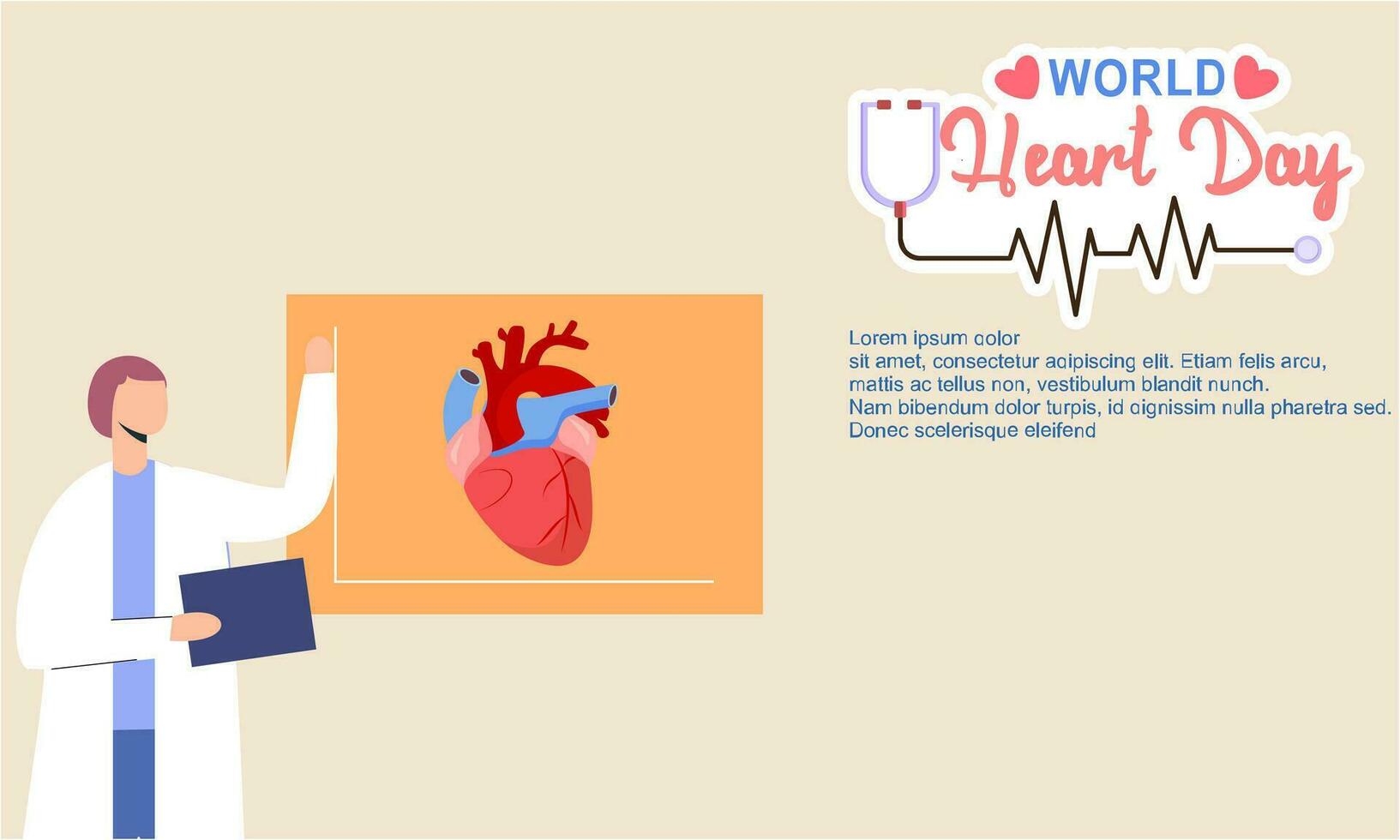 World heart day poster campaign in cartoon character treatment and health care awareness and flat design at 29 September vector