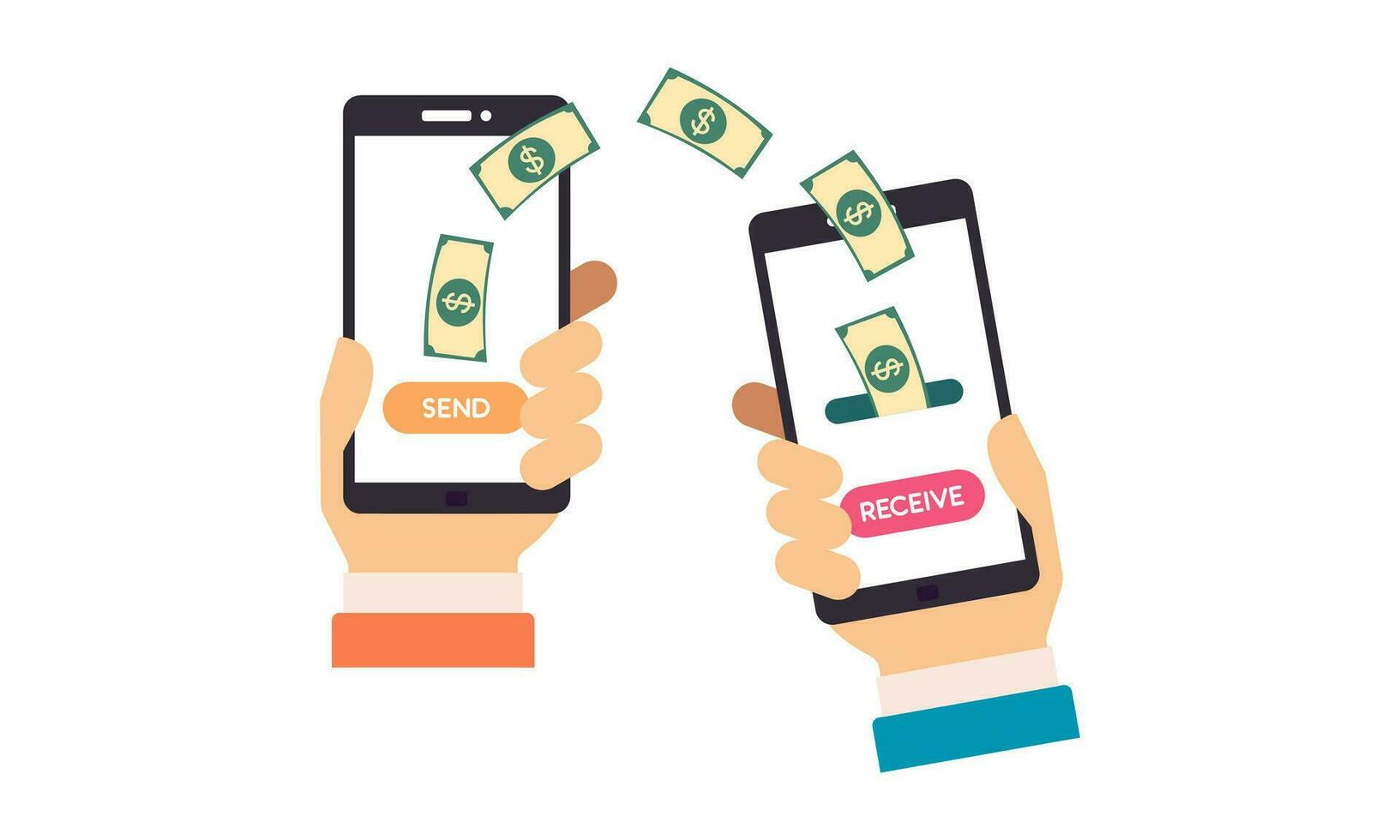 People sending and receiving money wireless with their mobile phones illustration vector