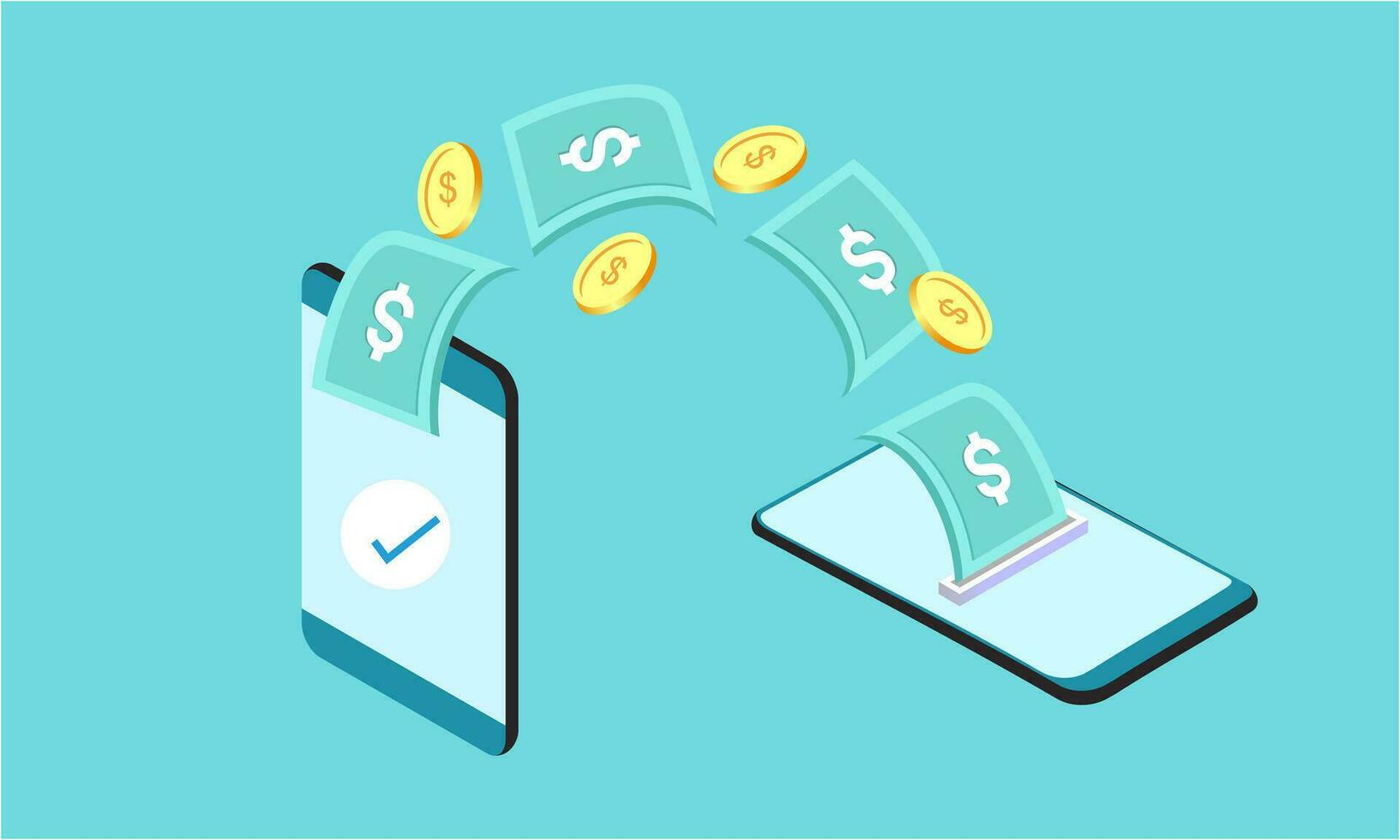 People sending and receiving money wireless with their mobile phones illustration vector