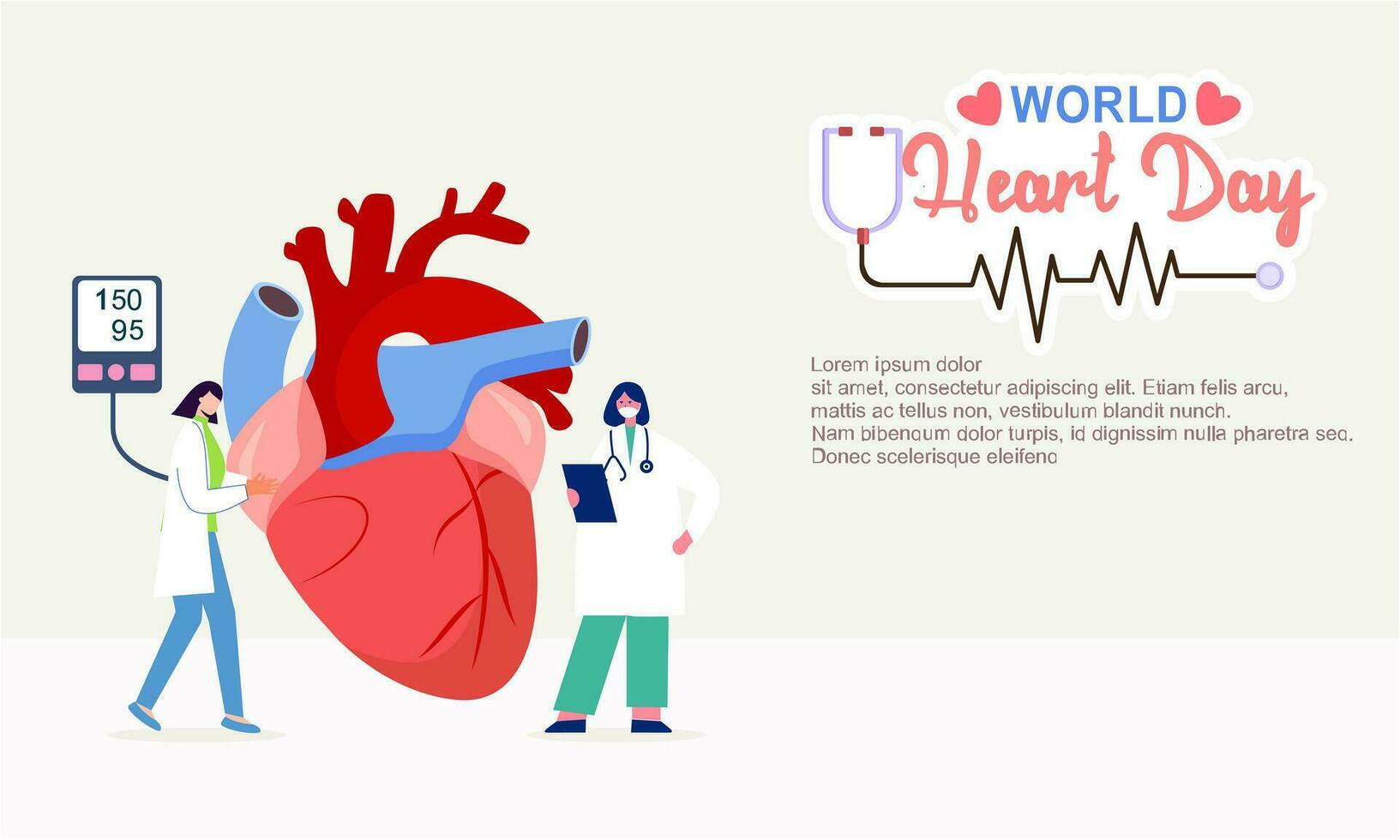 World heart day poster campaign in cartoon character treatment and health care awareness and flat design at 29 September vector