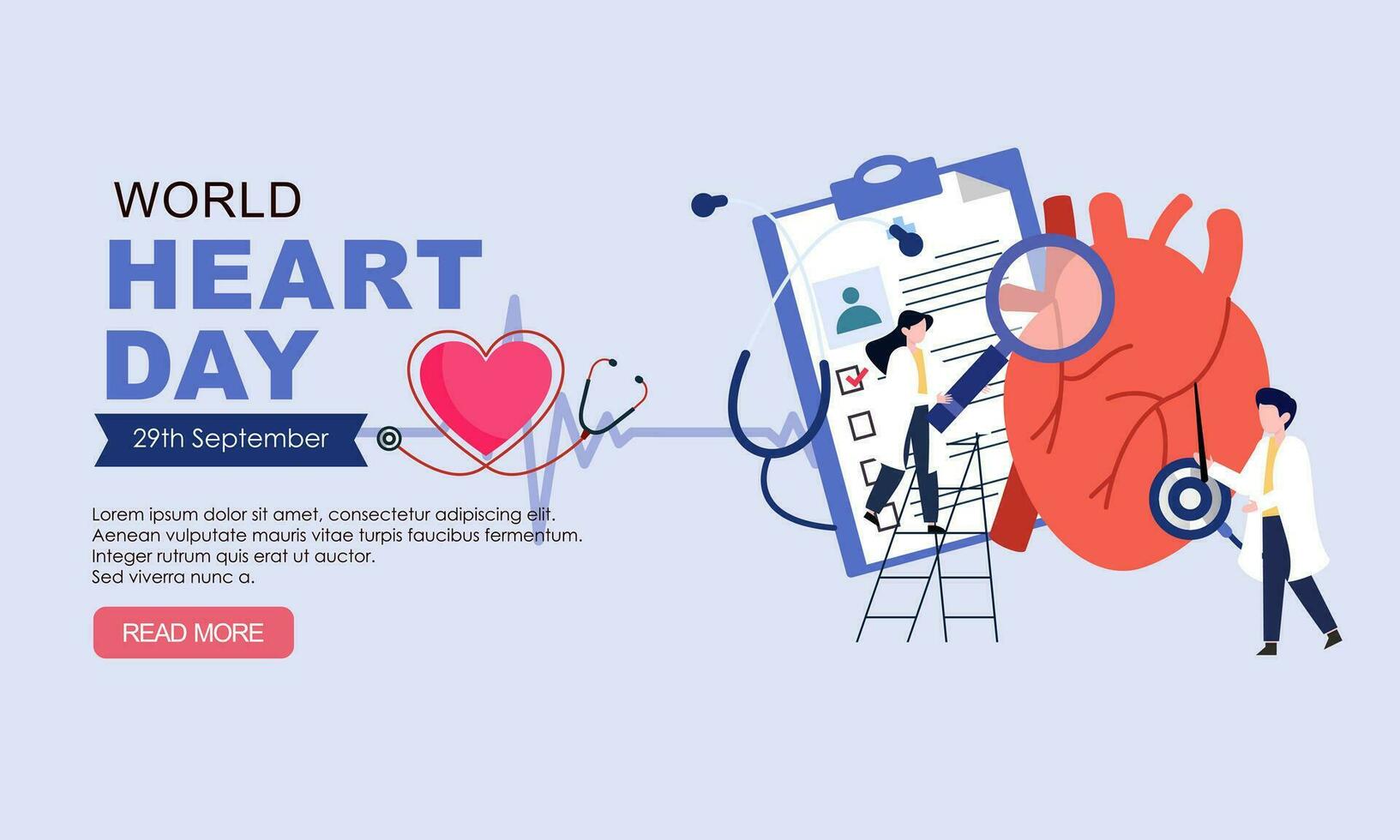 World heart day poster campaign in cartoon character treatment and health care awareness and flat design at 29 September vector