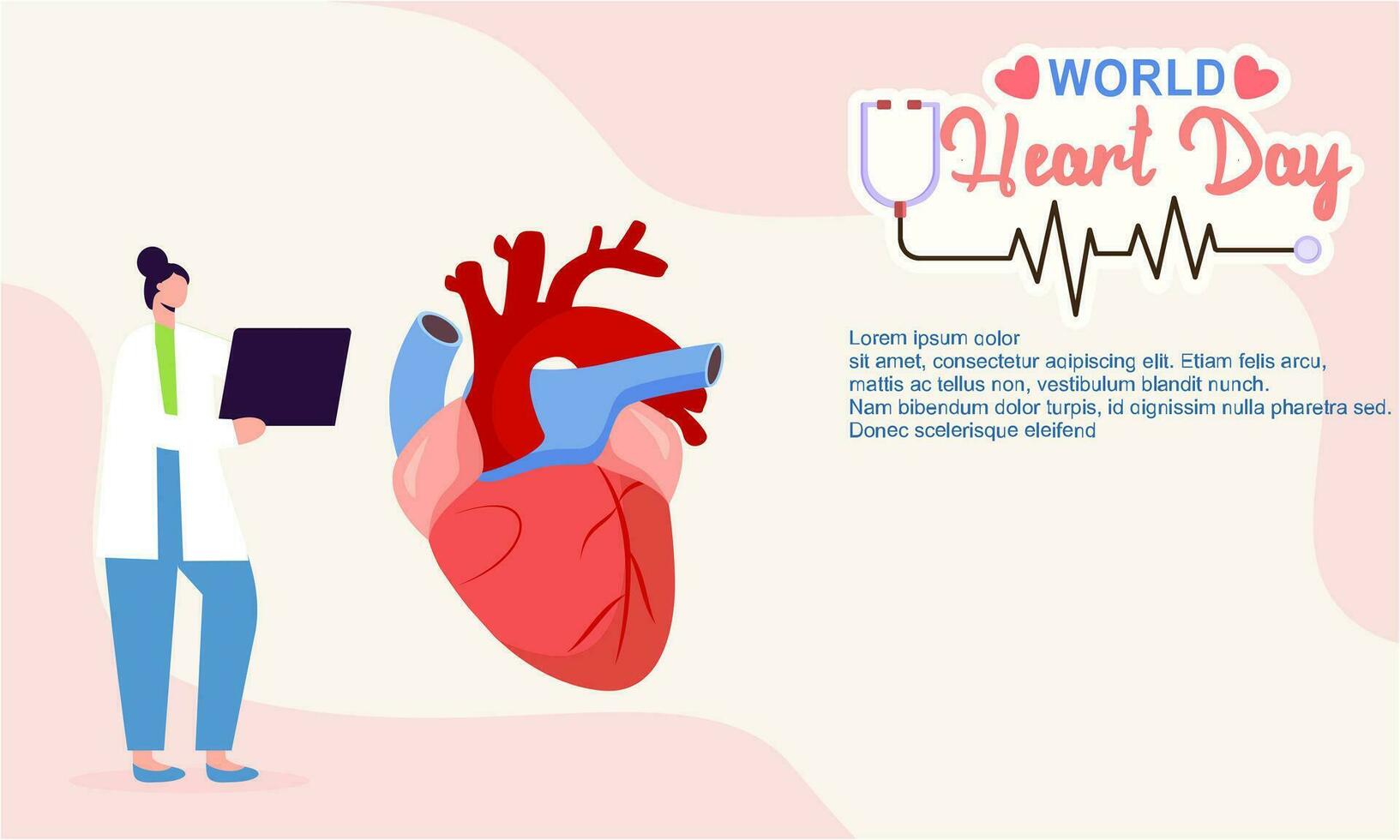 World heart day poster campaign in cartoon character treatment and health care awareness and flat design at 29 September vector