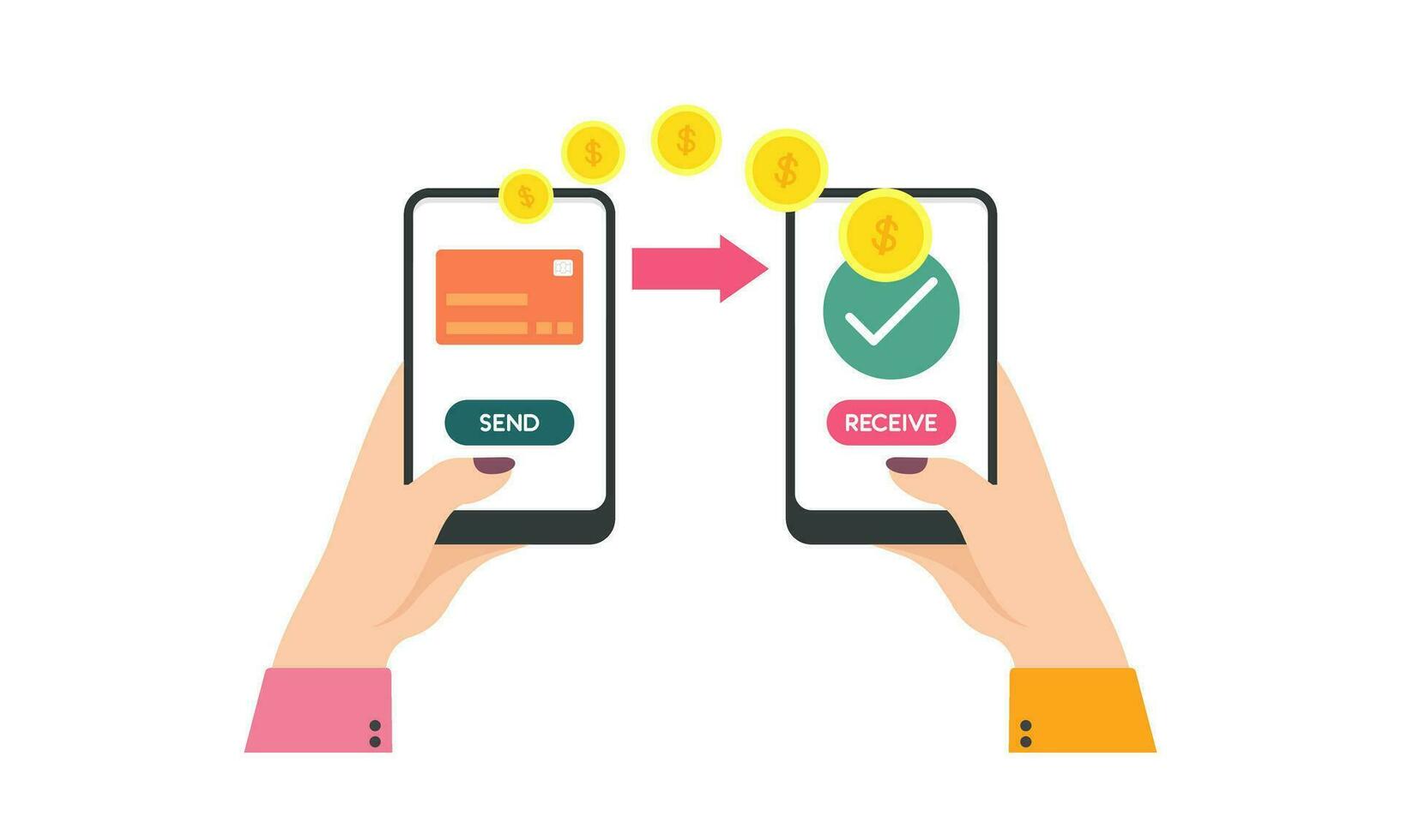 People sending and receiving money wireless with their mobile phones illustration vector