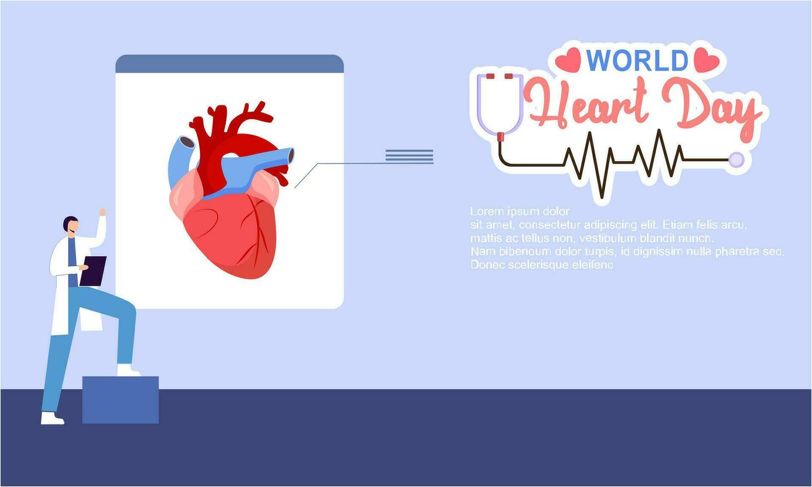 World heart day poster campaign in cartoon character treatment and health care awareness and flat design at 29 September vector