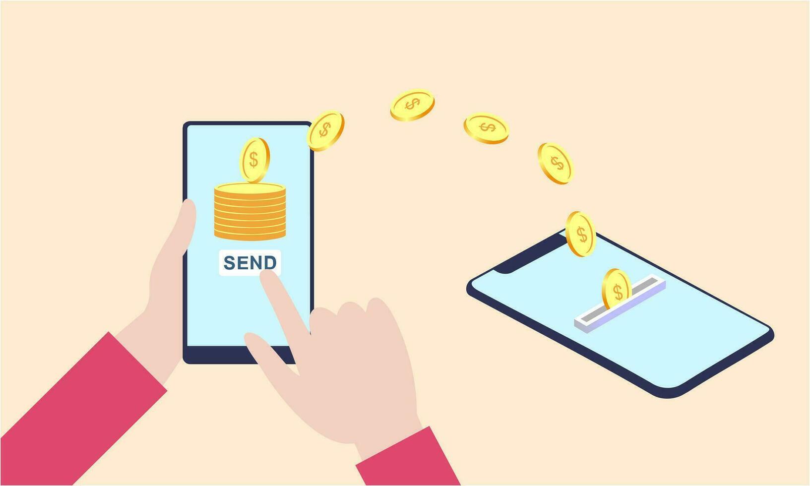 People sending and receiving money wireless with their mobile phones illustration vector