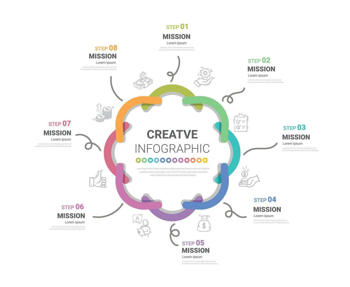 Circle Infographic thin line design and 8 options or steps. Infographics for business concept. vector