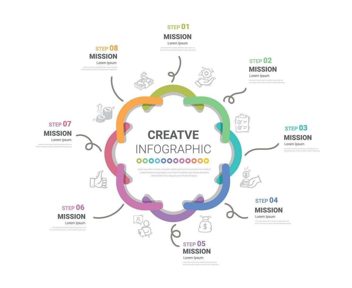 circulo infografía Delgado línea diseño y 8 opciones o pasos. infografia para negocio concepto. vector