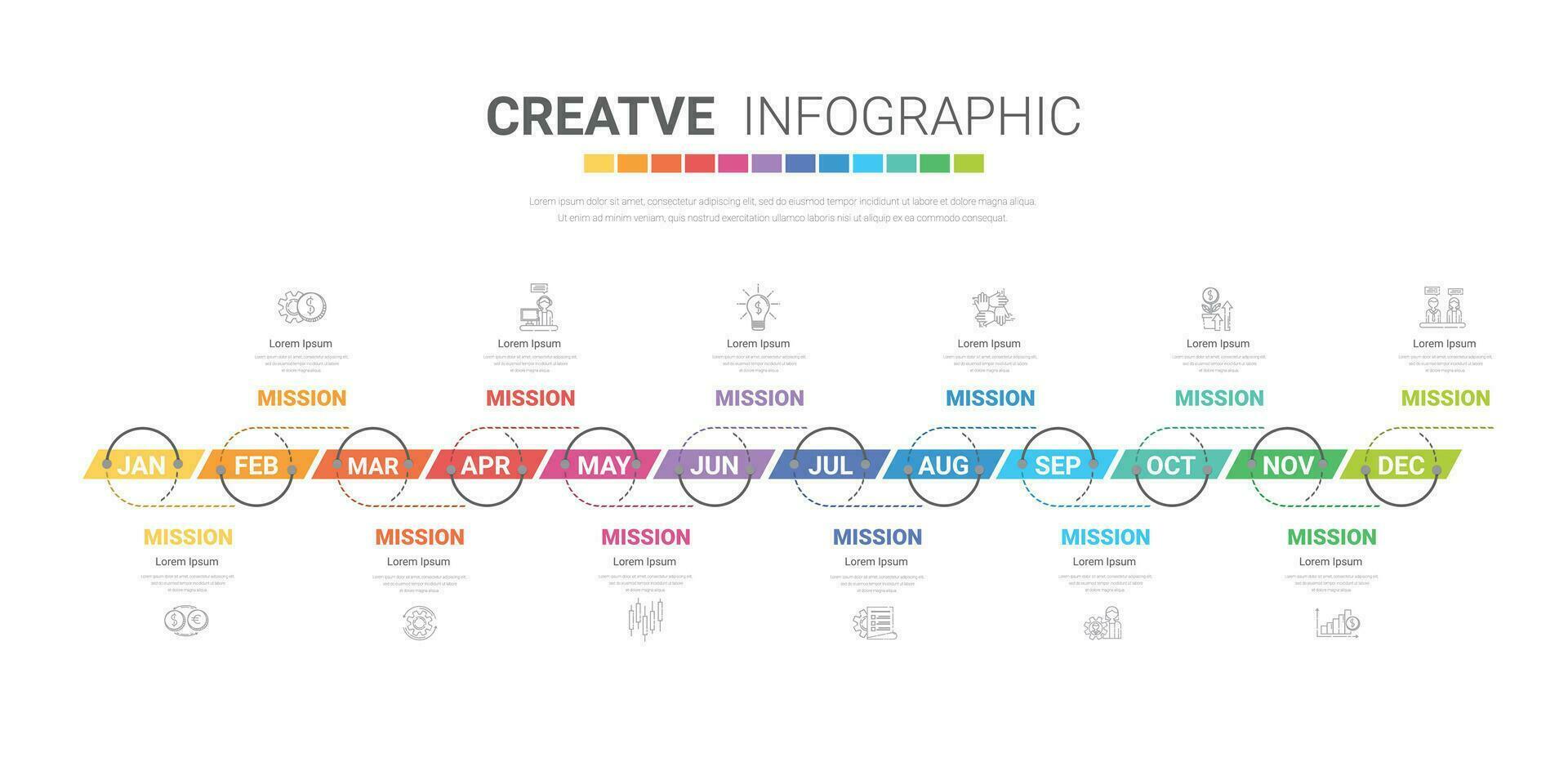 Timeline for 1 year, 12 months, infographics all month planner design and Presentation business can be used for workflow, process diagram, flow chart. vector