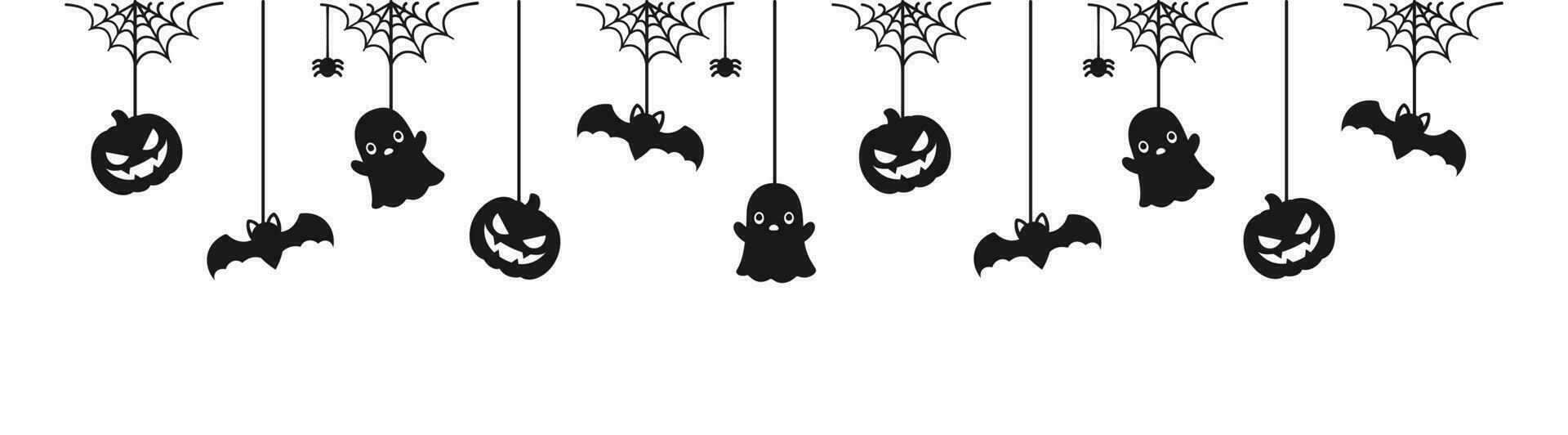 Happy Halloween banner or border with black bats, spider web, ghost and jack o lantern pumpkins. Hanging Spooky Ornaments Decoration Vector illustration, trick or treat party invitation