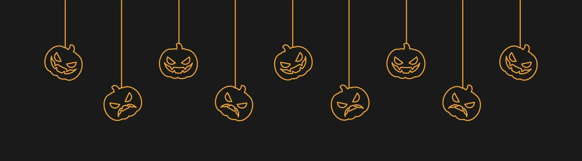 Happy Halloween banner or border with glowing jack o lantern pumpkins. Hanging Spooky Ornaments Decoration Vector illustration, trick or treat party invitation