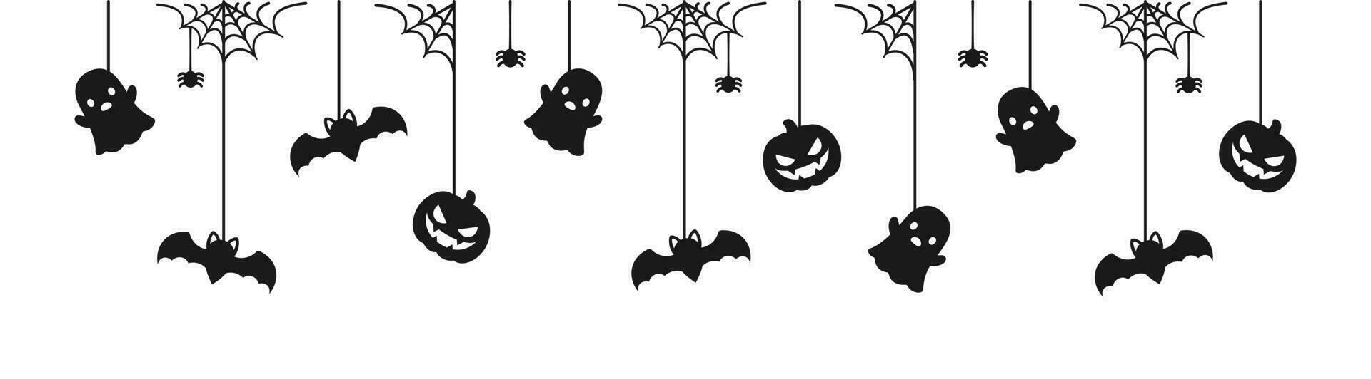 Happy Halloween banner or border with black bats, spider web, ghost and jack o lantern pumpkins. Hanging Spooky Ornaments Decoration Vector illustration, trick or treat party invitation