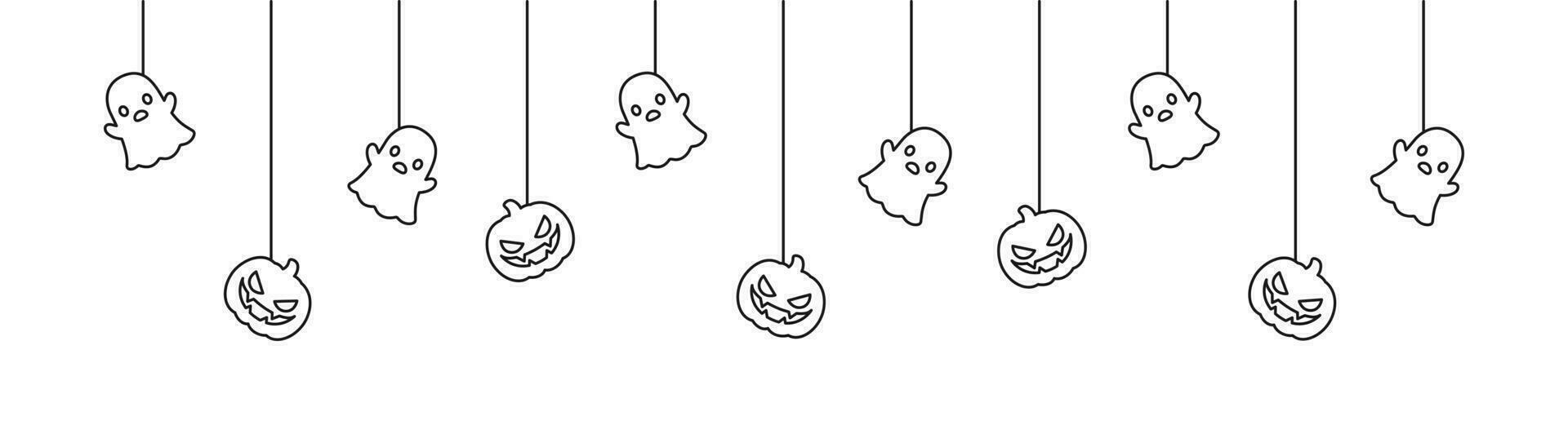 Happy Halloween banner or border with ghost and jack o lantern pumpkins outline doodle. Hanging Spooky Ornaments Decoration Vector illustration, trick or treat party invitation