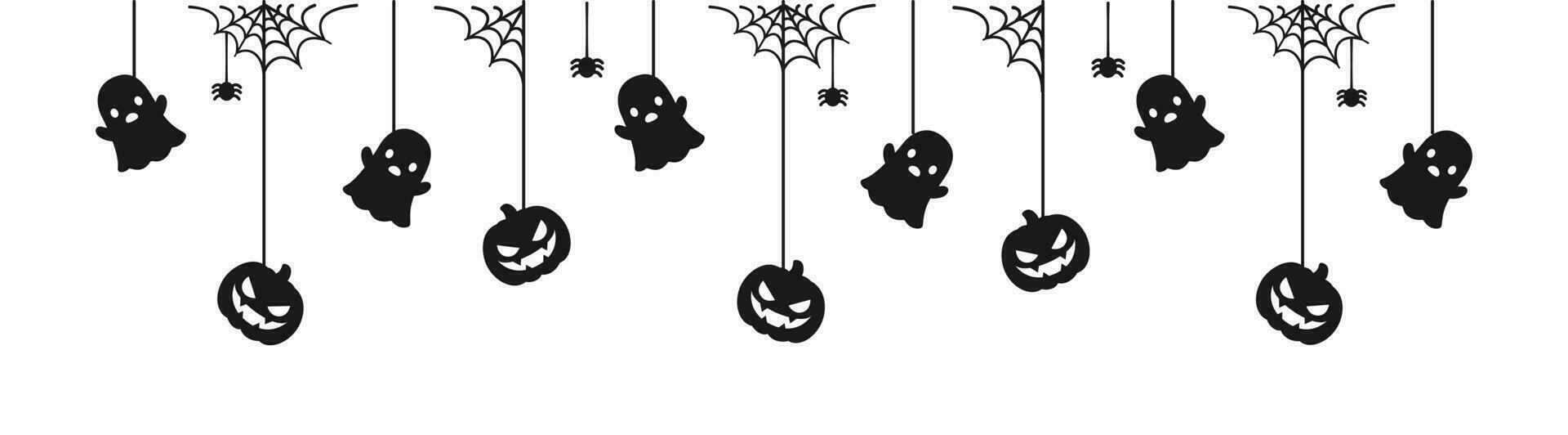 Happy Halloween banner or border with black ghost and jack o lantern pumpkins. Hanging Spooky Ornaments Decoration Vector illustration, trick or treat party invitation