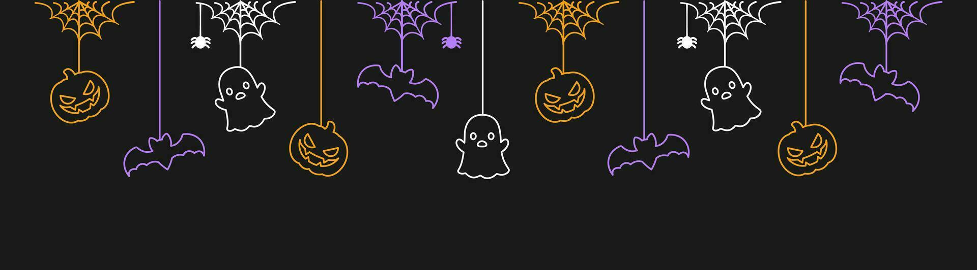 Happy Halloween banner or border with bats, ghost and jack o lantern pumpkins. Glowing Hanging Spooky Ornaments Decoration Vector illustration, trick or treat party invitation