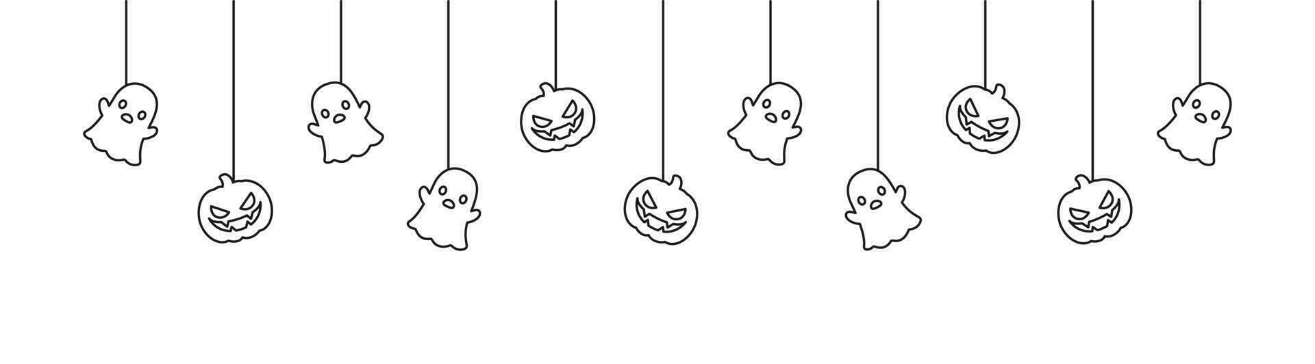 Happy Halloween banner or border with ghost and jack o lantern pumpkins outline doodle. Hanging Spooky Ornaments Decoration Vector illustration, trick or treat party invitation