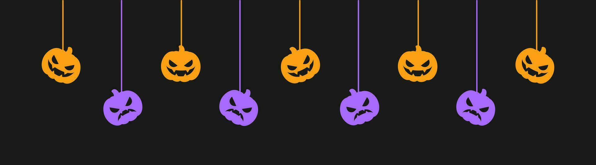Happy Halloween banner or border with jack o lantern pumpkins silhouette. Hanging Spooky Ornaments Decoration Vector illustration, trick or treat party invitation