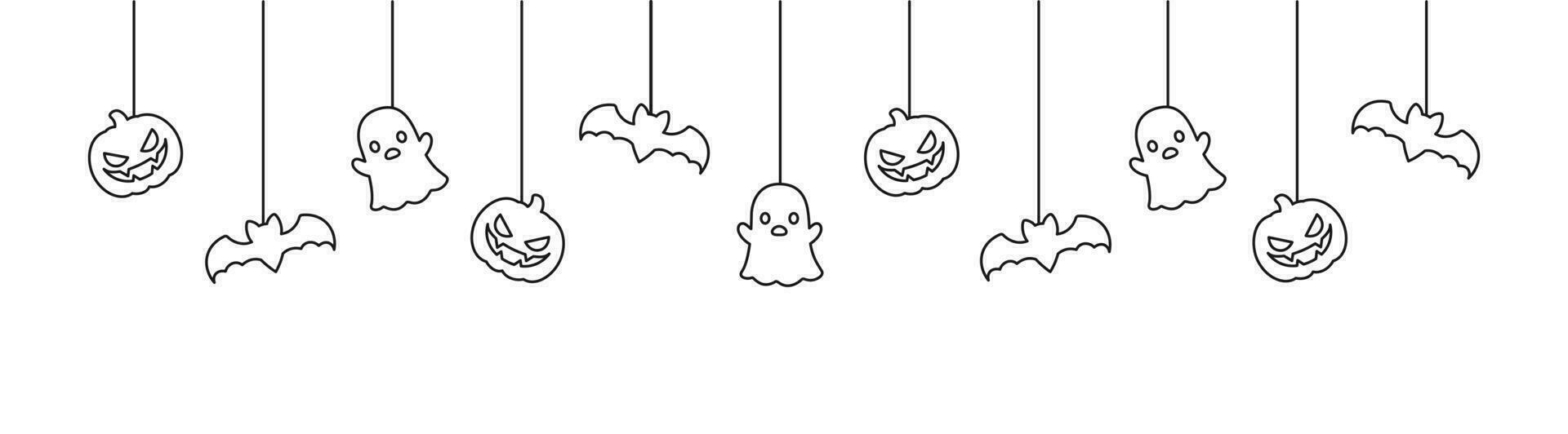 Happy Halloween banner or border with bats, ghost and jack o lantern pumpkins outline doodle. Hanging Spooky Ornaments Decoration Vector illustration, trick or treat party invitation