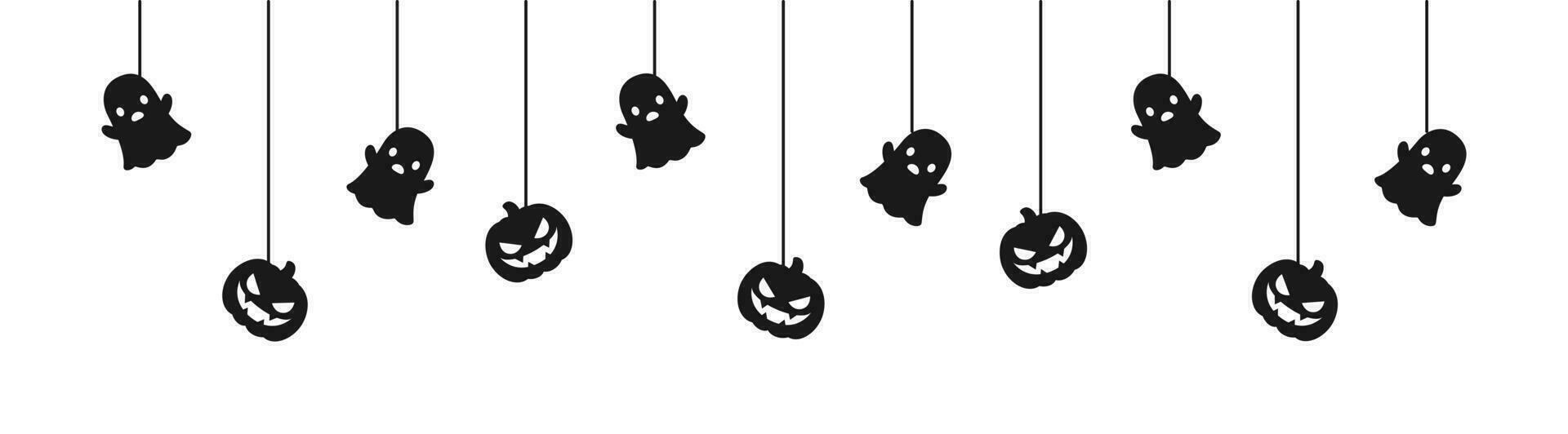 Happy Halloween banner or border with black ghost and jack o lantern pumpkins. Hanging Spooky Ornaments Decoration Vector illustration, trick or treat party invitation