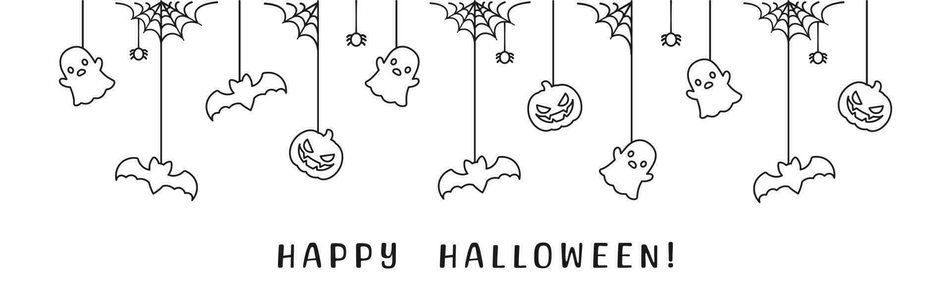 Happy Halloween banner or border with bats, spider web, ghost and jack o lantern pumpkins outline doodle. Hanging Spooky Ornaments Decoration Vector illustration, trick or treat party invitation