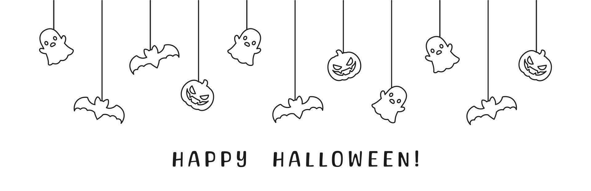 Happy Halloween banner or border with bats, ghost and jack o lantern pumpkins outline doodle. Hanging Spooky Ornaments Decoration Vector illustration, trick or treat party invitation