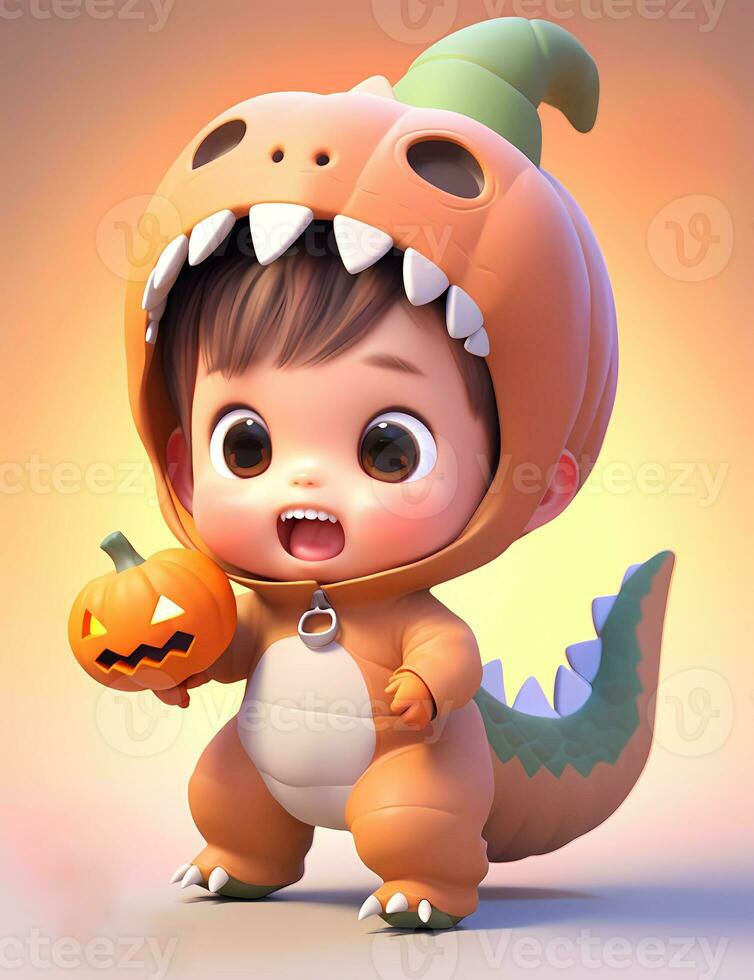 3d cute little boy with funny dinosaur costume with Halloween theme photo