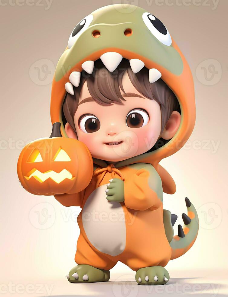 3d cute little boy with funny dinosaur costume with Halloween theme photo