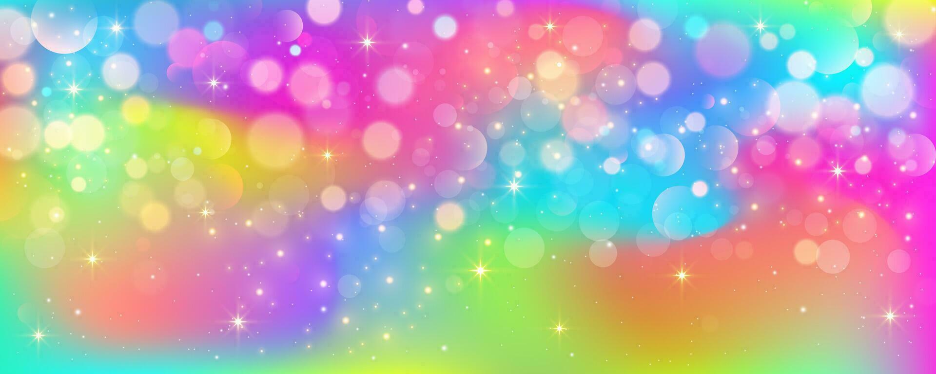 arco iris unicornio pastel antecedentes con Brillantina estrellas. rosado ondulado fantasía cielo. holográfico espacio con Bokeh. hada iridiscente degradado fondo. vector