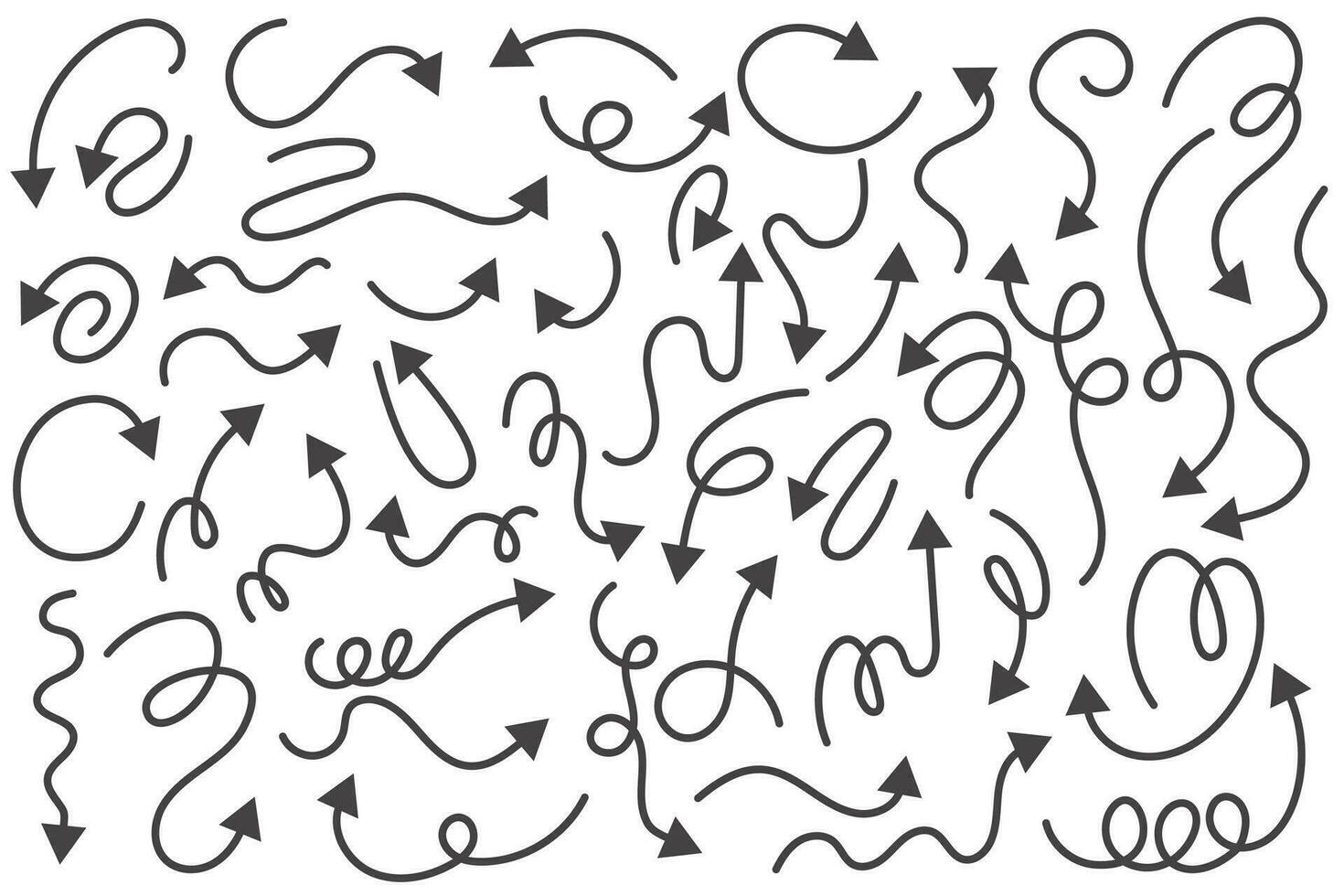 Arrows vector set. Curved hand drawn elements. Doodle outline black stroke. Simple cartoon swirl scribble isolated on white background.