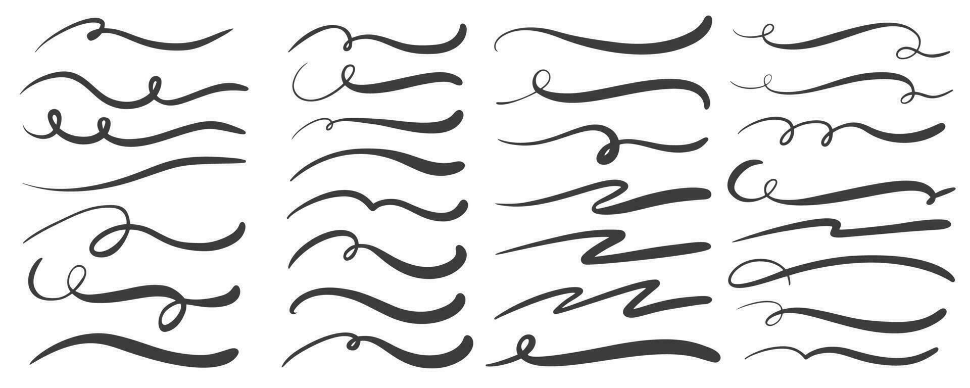 Swashes swoops and swishes calligraphy signs. Underlines hand drawn strokes. Vector symbols set.