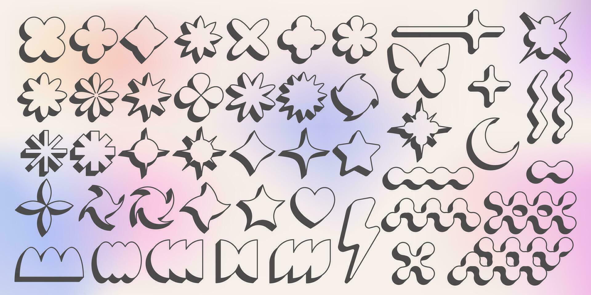 Abstract geometric elements for design. Neobrutalism graphic shapes. Minimal groovy Y2k retro stickers. Set of retro labels. Simple vector flowers, butterfly and stars.