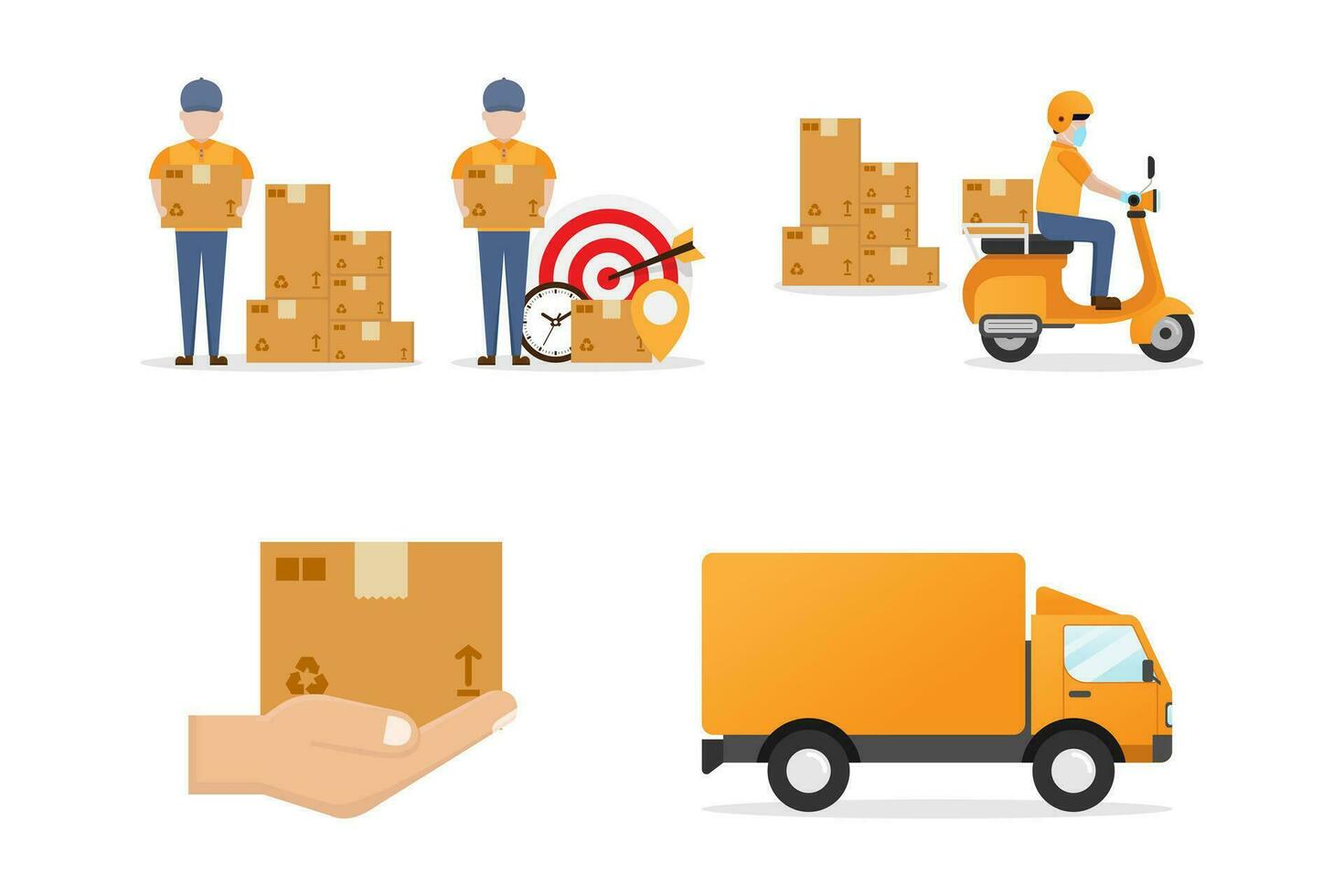 colección de mensajero entrega Servicio vector ilustración, mensajero, motocicleta, camión, paquete