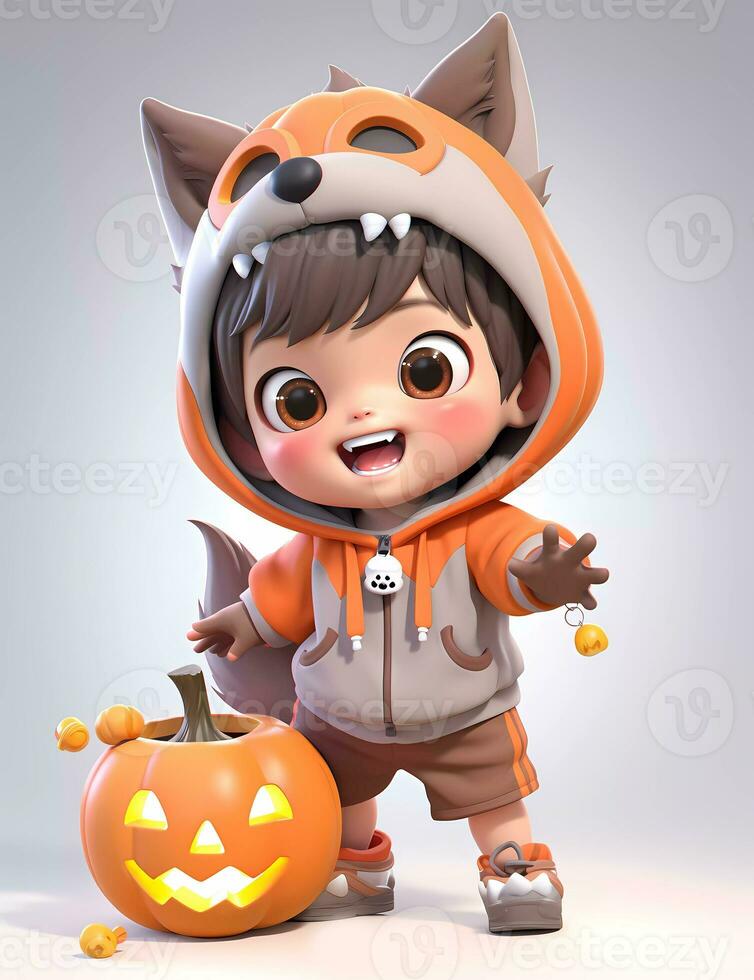 3d cute little boy with funny fox costume for Halloween party photo