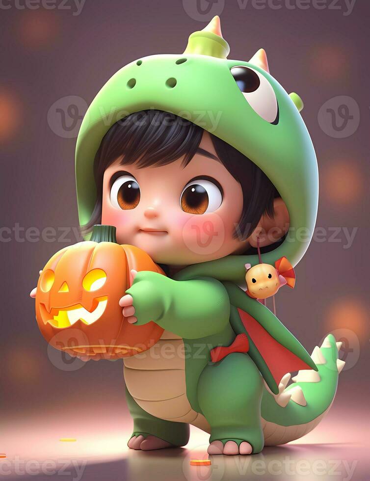 3d cute little boy with funny green dragon costume for Halloween party photo
