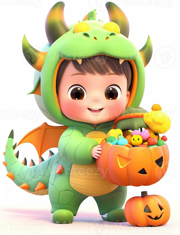3d cute little boy with funny green dragon costume for Halloween party photo