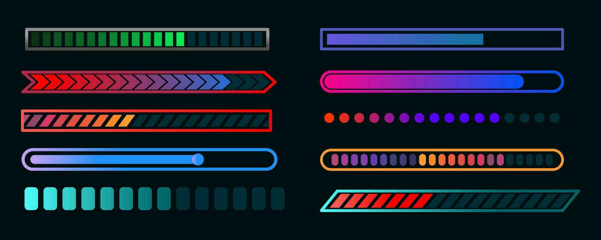 Loading progress or status bar vector icons. Futuristic digital interface of head up display with circular bars of download process, data upload, loader percentage diagram, vector