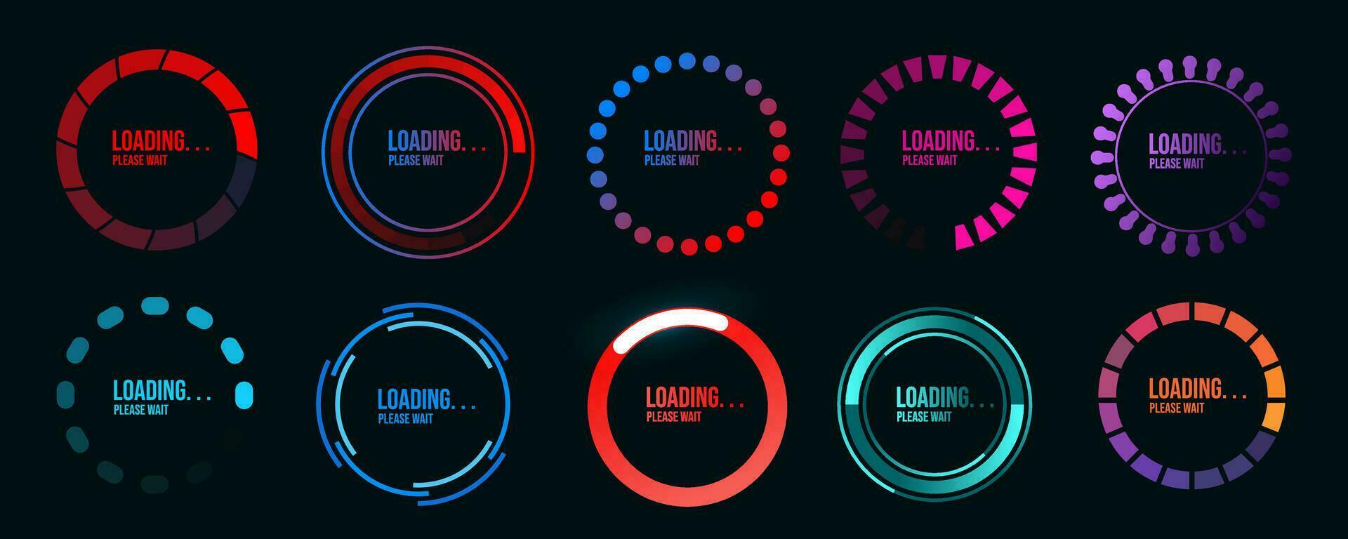Loading progress or status bar vector icons. Futuristic digital interface of head up display with circular bars of download process, data upload, loader percentage diagram
