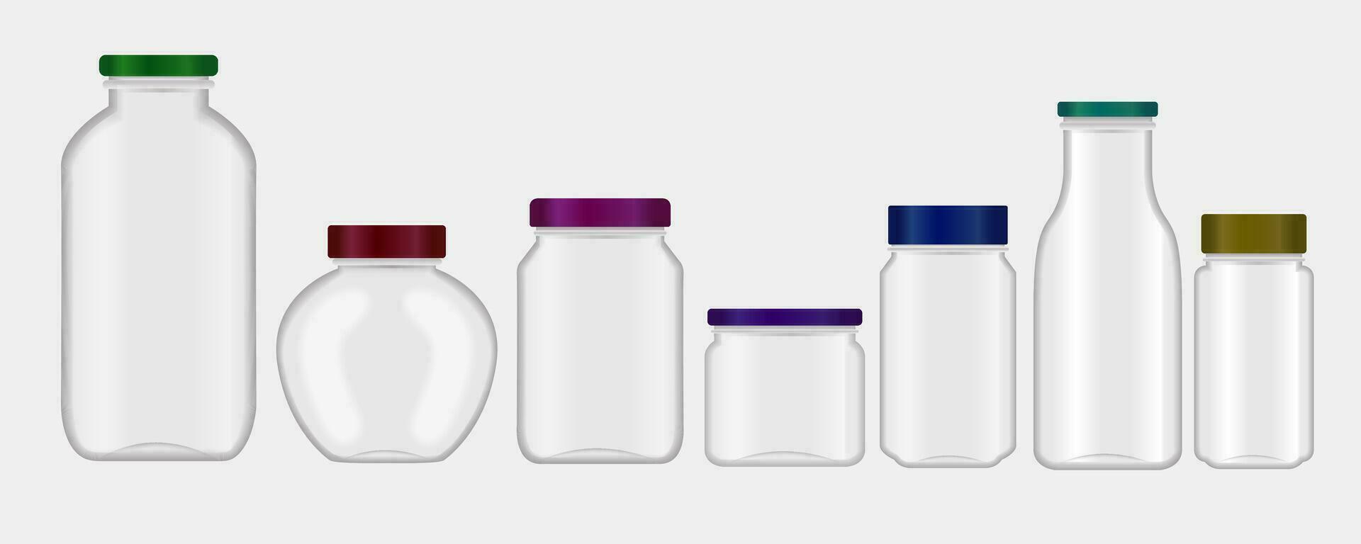 Glass jars with lids realistic mockup, vector food packages. Empty clear bottle containers and transparent pots with metal and plastic screw caps of food canning and storage design 3d template set