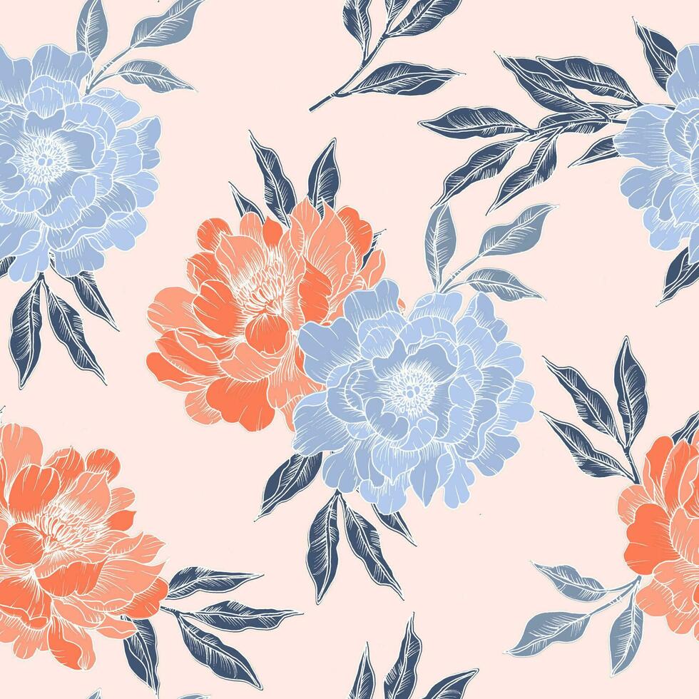 Vintage Hand Drawn Peony Seamless Pattern vector