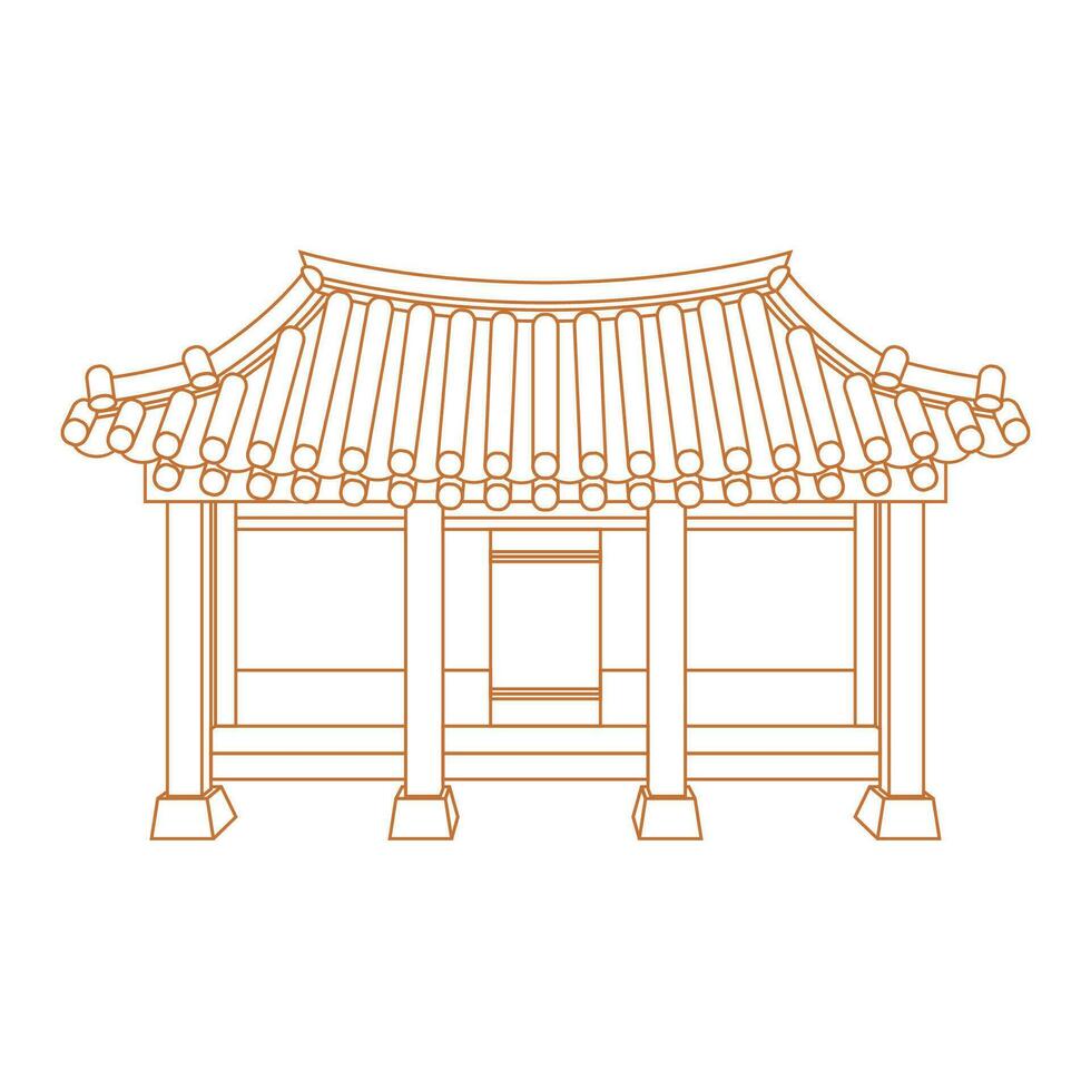 Editable Front View Traditional Hanok Korean House Building Vector Illustration in Outline Style for Artwork Element of Oriental History and Culture Related Design