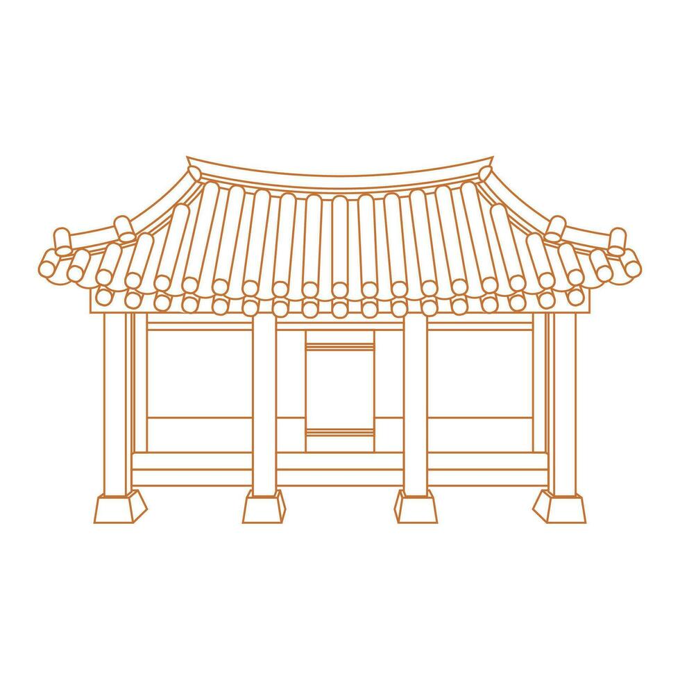 Editable Front View Traditional Hanok Korean House Building Vector Illustration in Outline Style for Artwork Element of Oriental History and Culture Related Design