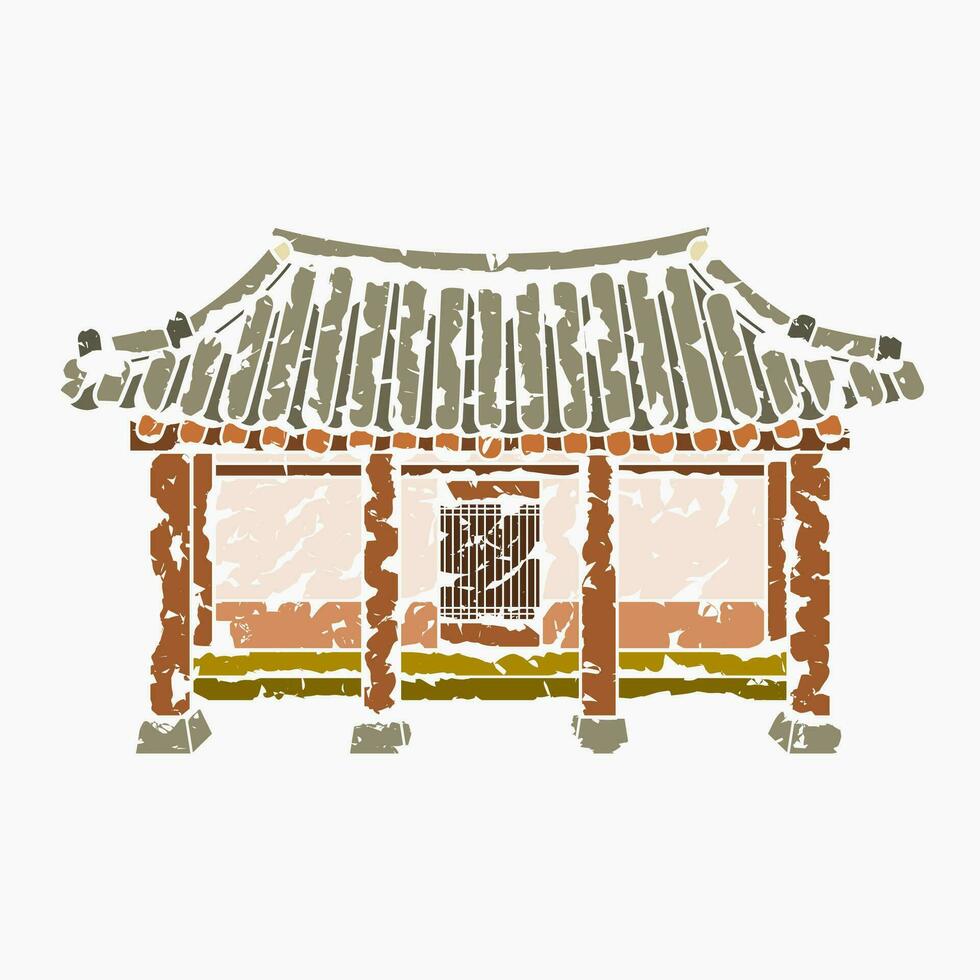 Editable Front View Traditional Hanok Korean House Building Vector Illustration in Brush Strokes Style for Artwork Element of Oriental History and Culture Related Design