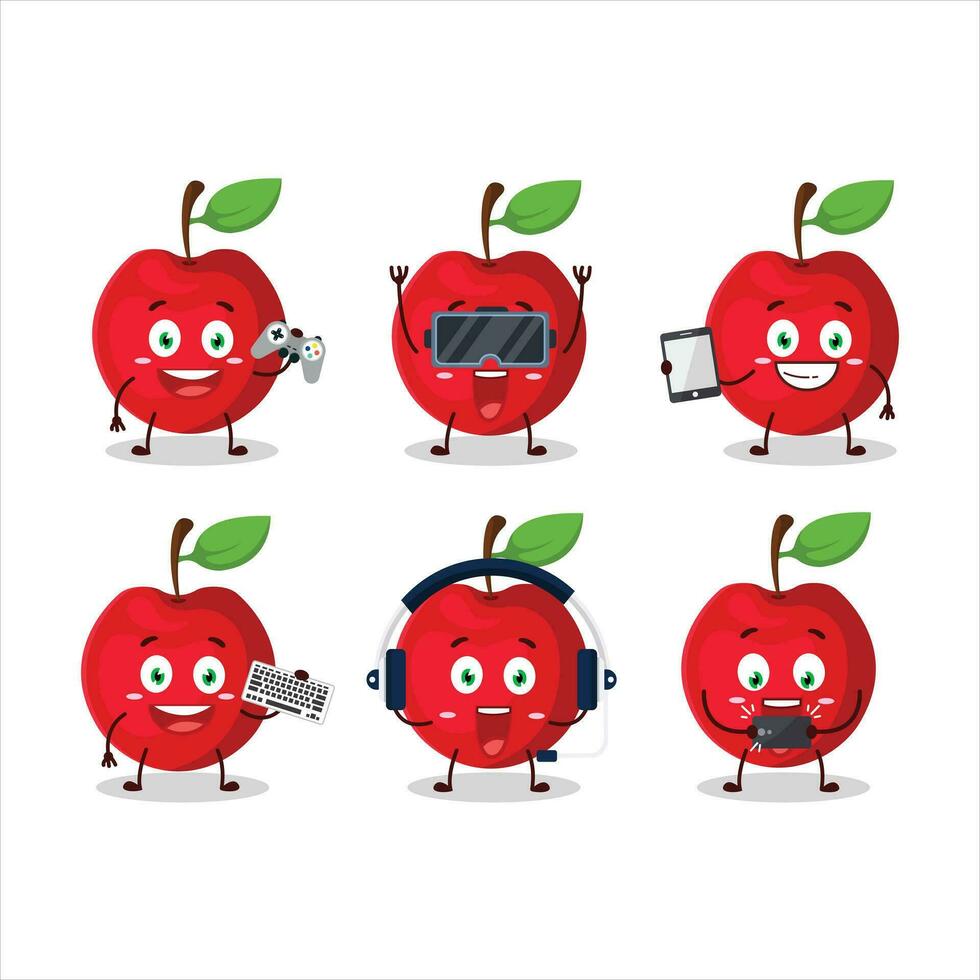 Cherry cartoon character are playing games with various cute emoticons vector