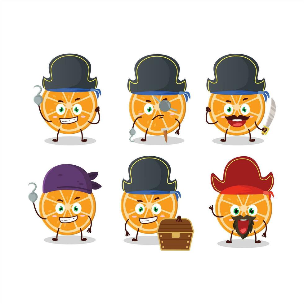 dibujos animados personaje de rebanada de naranja con varios piratas emoticones vector