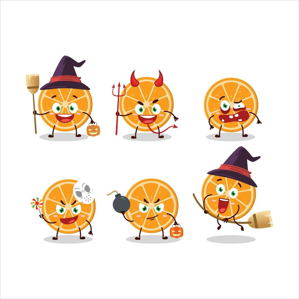 Víspera de Todos los Santos expresión emoticones con dibujos animados personaje de rebanada de naranja vector