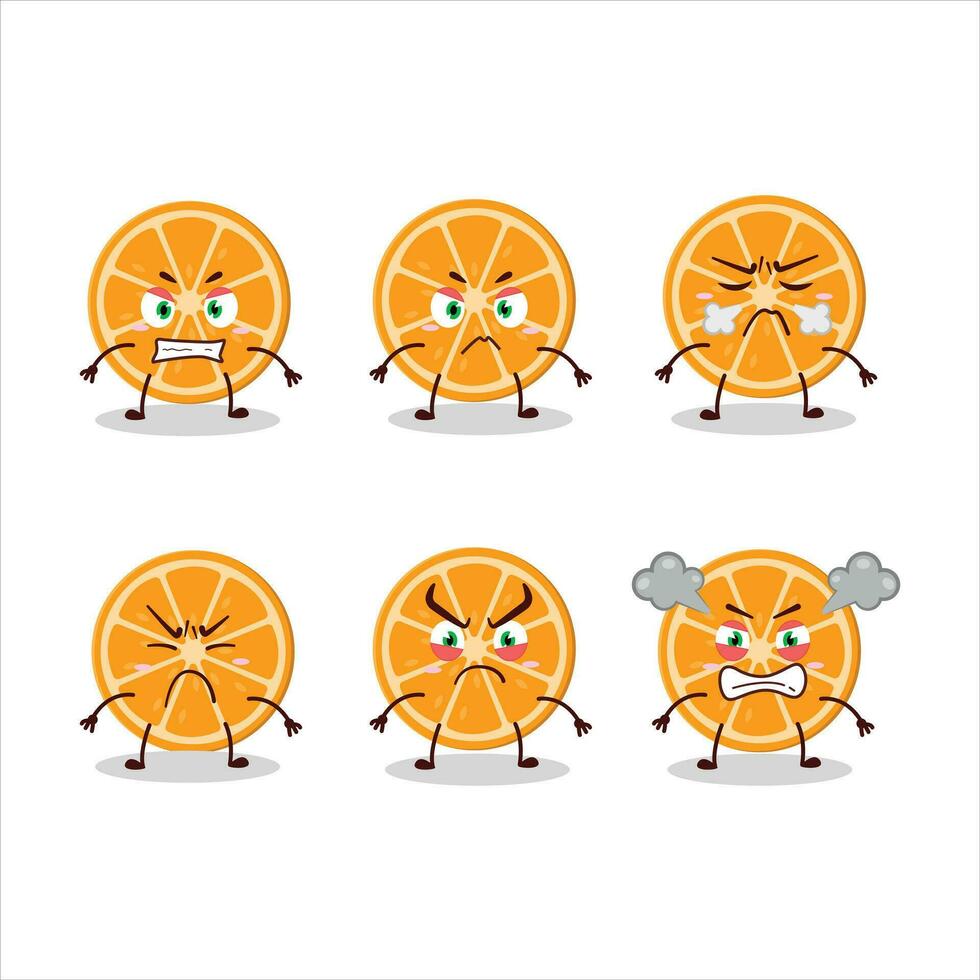 rebanada de naranja dibujos animados personaje con varios enojado expresiones vector