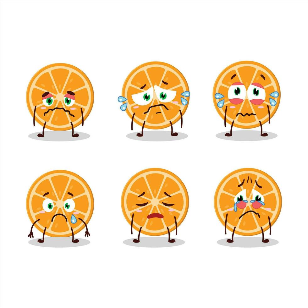 rebanada de naranja dibujos animados personaje con triste expresión vector